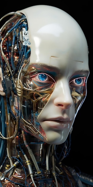 Silicon Robotic Human Face with Wires and Optical Fiber