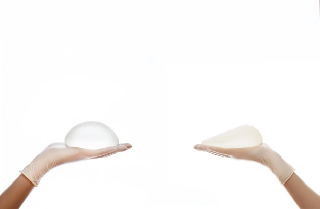 Silicone breast implant on hands 
