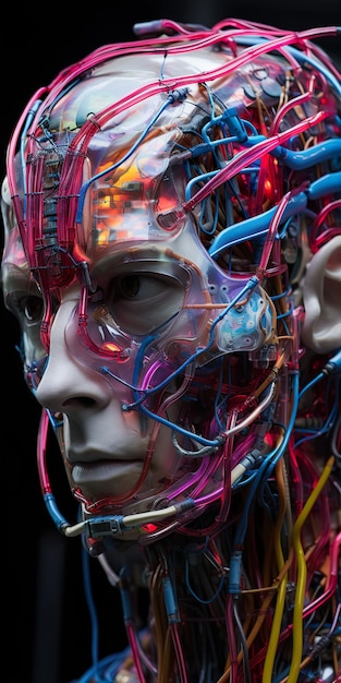 Siliconen robot menselijk gezicht met draden en optische vezel
