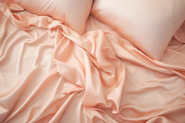 Silk bed linen on the bed in peach color top view