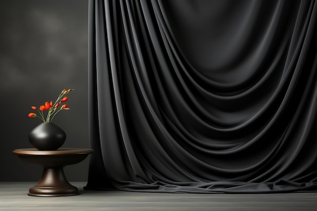 Silk covered podium on dark black grey curtain drapes empty wall stage