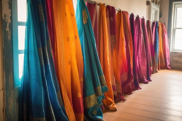 Silk sarees hung in a row showcasing variety created with generative ai