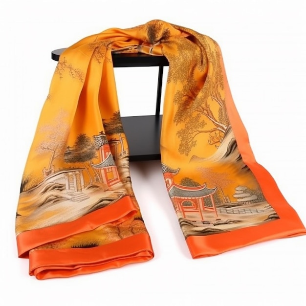 silk scarf with a painting of a bridge and trees generative ai