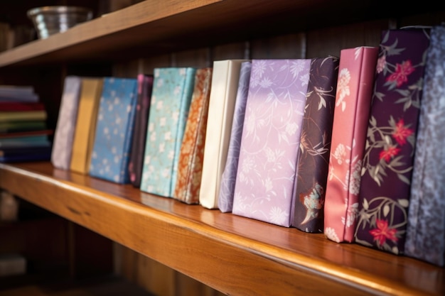 Silkbound sutras placed at the corner of a wooden shelves