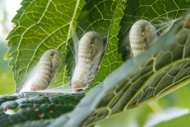 Photo silkworms creating silk cocoons on mulberry leaves