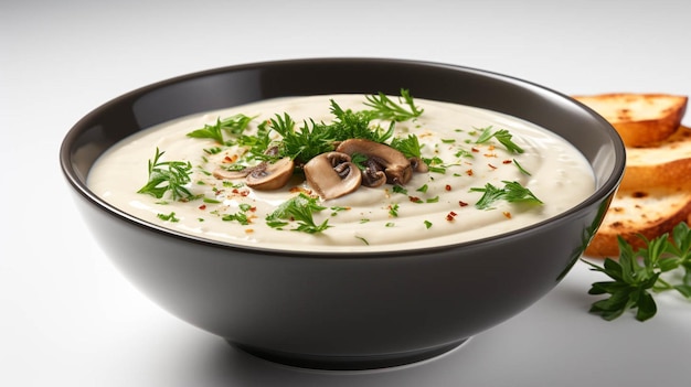 Photo silky cream soup with mushroom in a bowl isolated on white