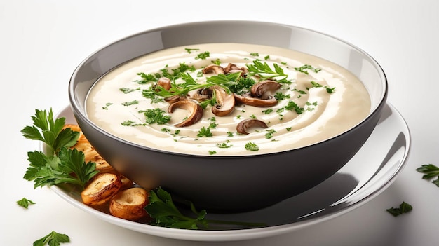 Foto zuppa di crema setosa con funghi in una ciotola isolata su bianco