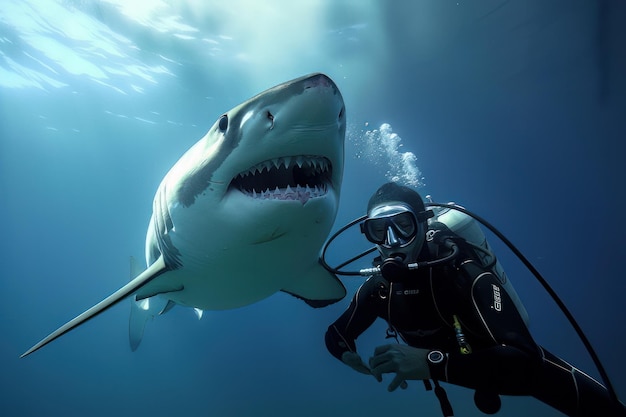 Silky shark swimming with deep blue ocean background generative ai