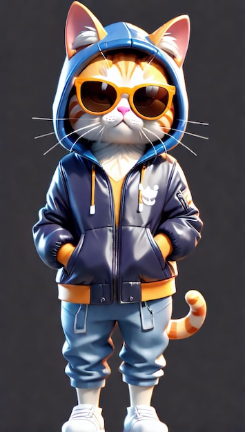 Silly cat in full length sunglasses and jacket with hood on head and sunglasses