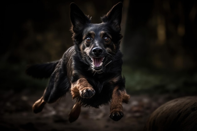 気まぐれな世界でのいたずら好きな犬のミッドジャンプの愚かで愛らしいイメージ 遊び心のある犬の性格を捉えた高解像度写真
