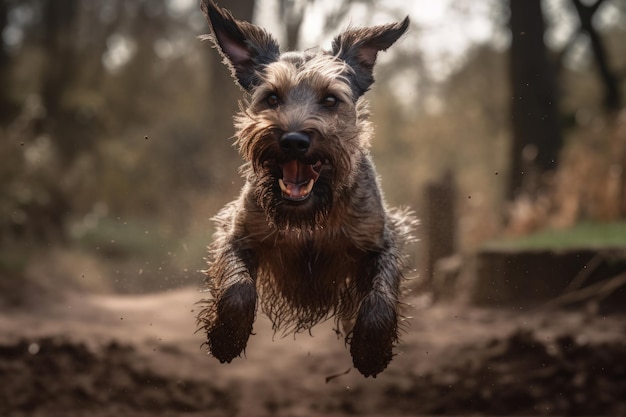 気まぐれな世界でのいたずら好きな犬のミッドジャンプの愚かで愛らしいイメージ 遊び心のある犬の性格を捉えた高解像度写真