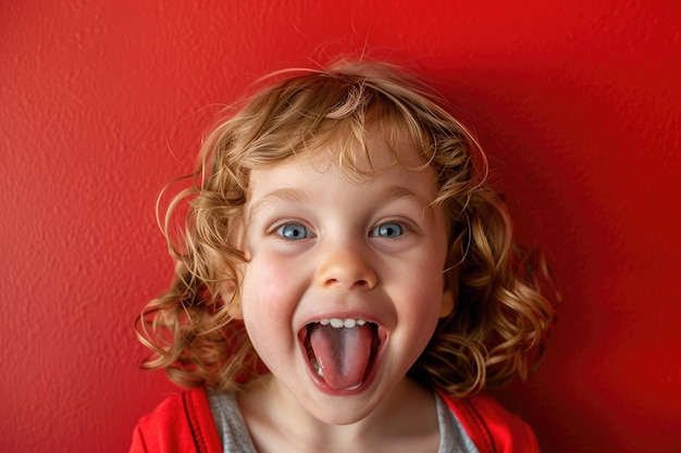 silly and playful expression of a child showing tongue portrait on red background