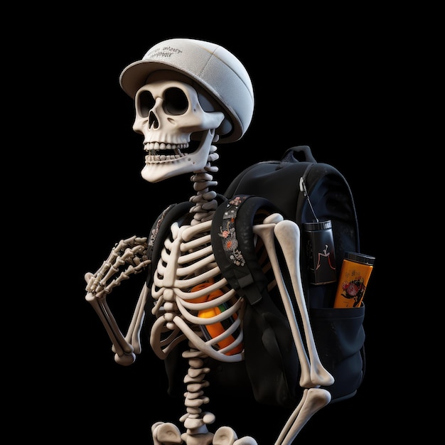 Photo silly skeleton returns to school hilarious stylized 3d model with a backpack on a black background