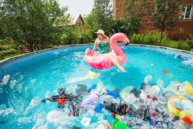 Silly woman swims and have fun in a polluted pool. bottles and plastic bags float near her