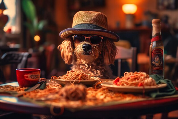 Глупо выглядящая собака в соломенной шляпе и солнцезащитных очках сидит за столом с миской спагетти и фрикадельками и выглядит довольной