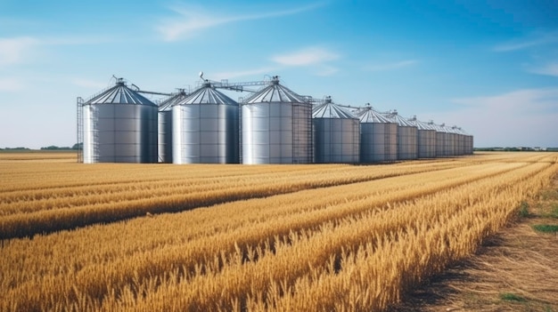 Silo's in een tarweveld Opslag van landbouwproductie