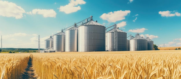 Silos in a wheat field Storage of agricultural product Banner background