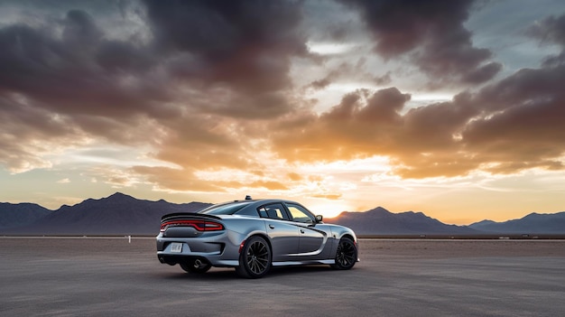 A silver 2020 dodge viper is parked in a desert at sunset.