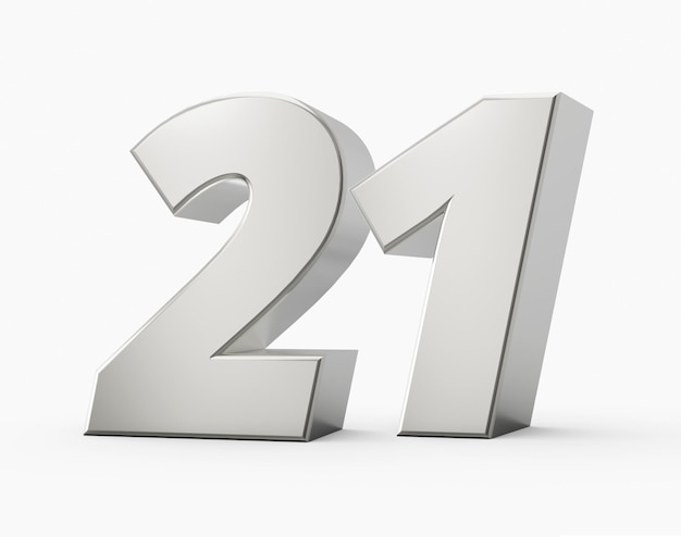 Silver 3d numbers 21 Twenty one Isolated white background 3d illustration