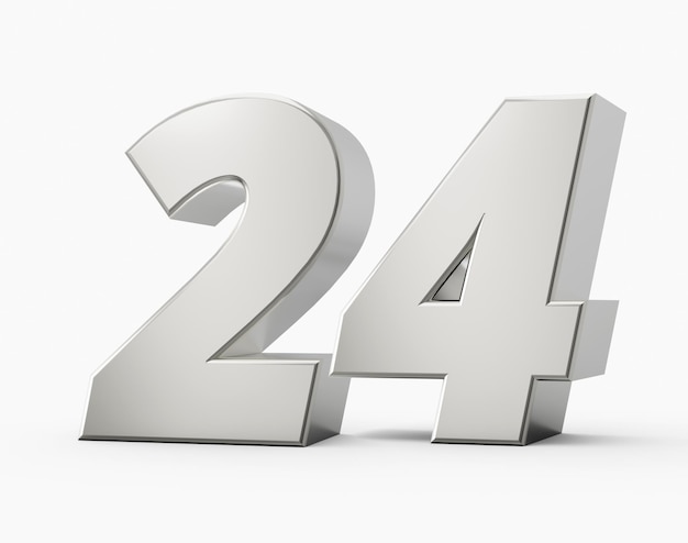 Silver 3d numbers 24 Twenty four Isolated white background 3d illustration