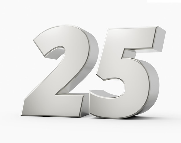 Photo silver 3d numbers 25 twenty five isolated white background 3d illustration