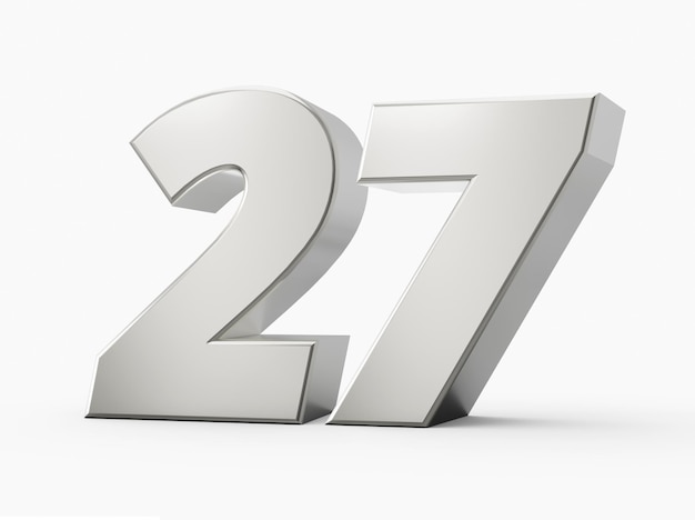 Silver 3d numbers 27 Twenty seven Isolated white background 3d illustration