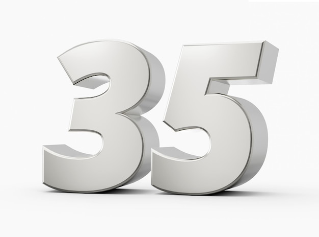 Photo silver 3d numbers 35 thirty five isolated white background 3d illustration