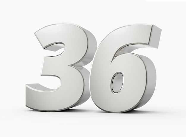 Silver 3d numbers 36 thirty six Isolated white background 3d illustration