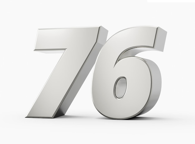 Silver 3d numbers 76 Seventy Six Isolated white background 3d illustration