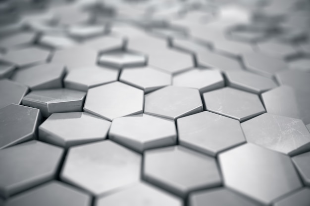 Silver abstract hexagonal background with depth of field effect. Structure of a large number of hexagons. Steel honeycomb wall texture, shiny hexagon clusters background, 3D rendering