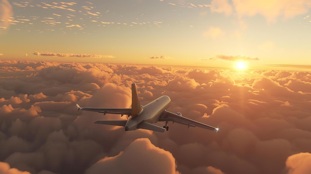 A silver airplane is flying high above the clouds The sun is setting and the sky is a bright orange