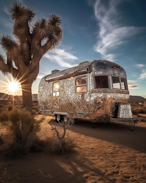 A silver airstream trailer with a tree in the background.