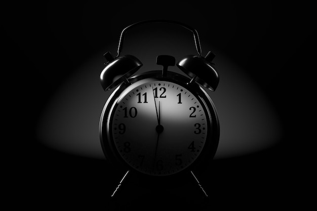 Silver alarm clock on black background 3d rendering