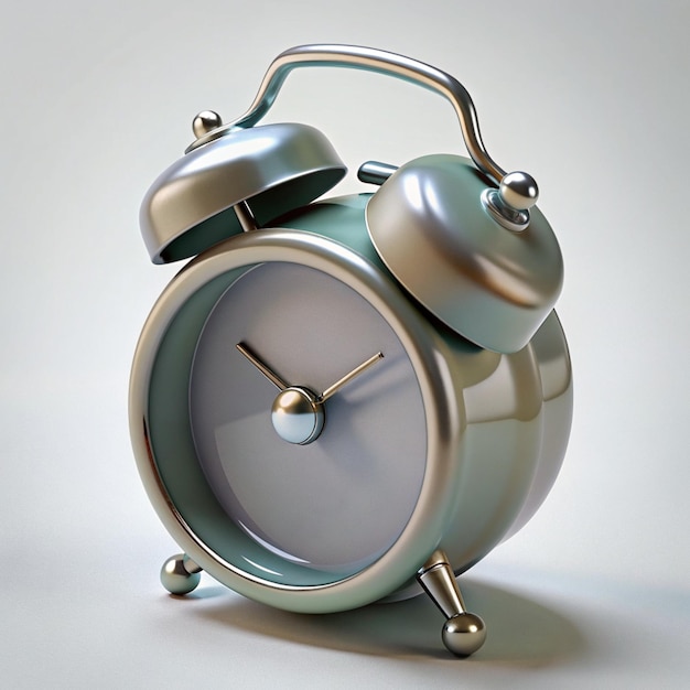 a silver alarm clock with a silver face and a white face