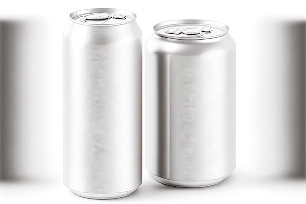 Макет серебряных алюминиевых банок для хранения напитков, изолированных на белом