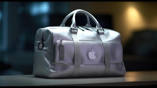 A silver bag with an apple logo is sitting on a table.