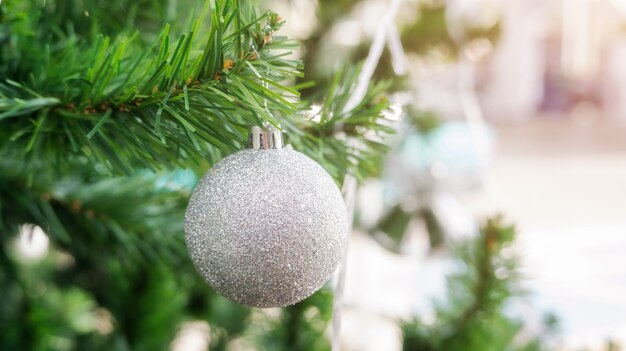 Silver ball hanging on a Christmas tree.