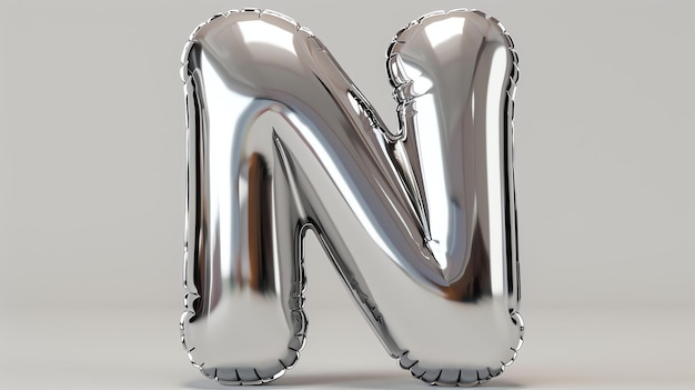 Photo a silver balloon in the shape of the letter n the balloon is on a solid white background