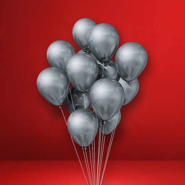 Silver balloons bunch on a red wall. 3D render