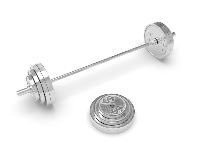 Silver barbell made of a dollar coin on a white background 3drendering