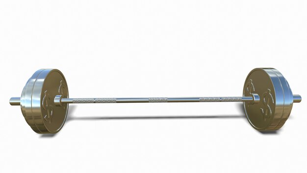 Silver barbell with a dollar sign on a white background 3drendering