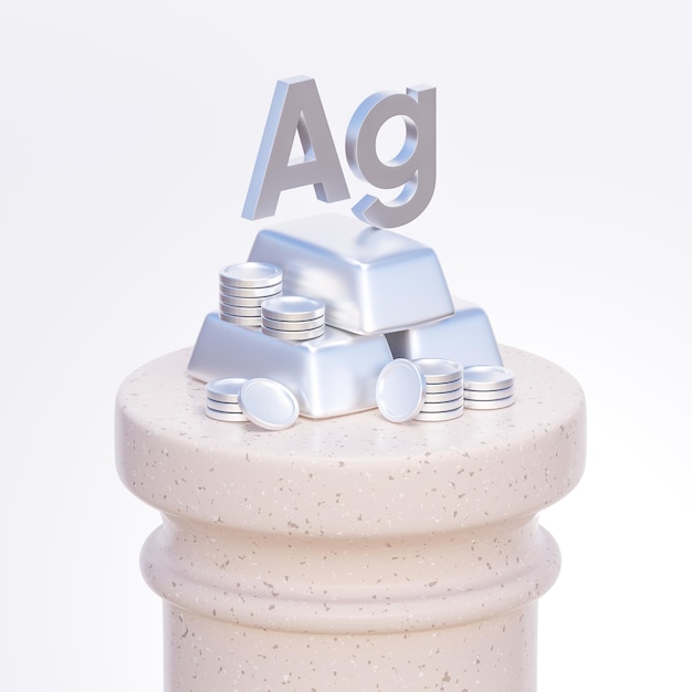 Silver bars with coins and lettering Ag on a stone column 3d illustration of a commodity