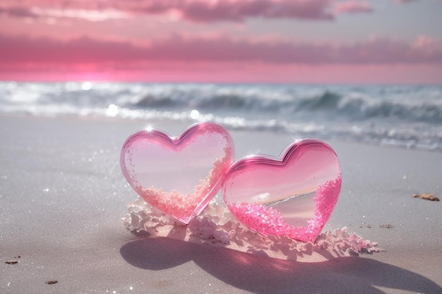 On the silver beach there are two transparent pink small heart