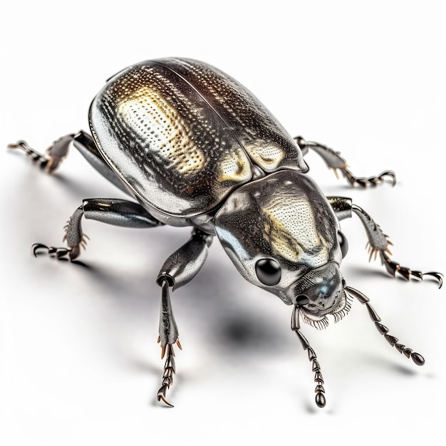 A silver beetle is on a white surface.