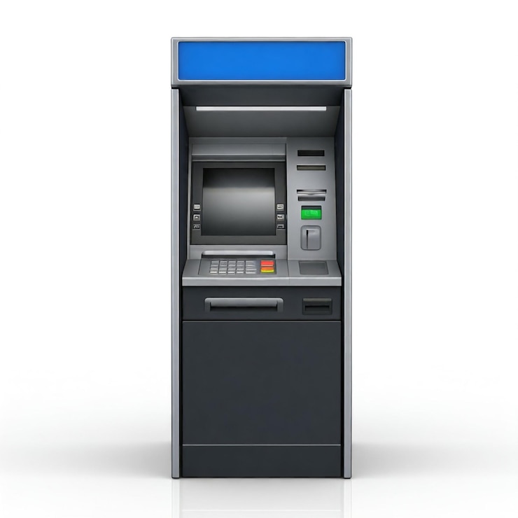 Photo a silver and black atm with a blue screen that says quot pay here quot