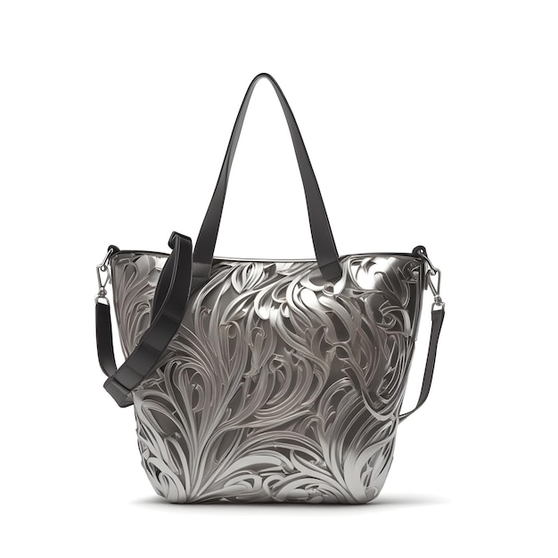 A silver and black bag with a silver design on it.