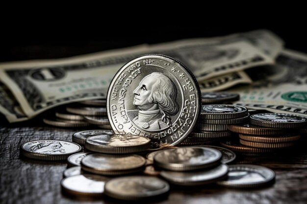 Photo a silver and black dollar bill with a dollar bill on top