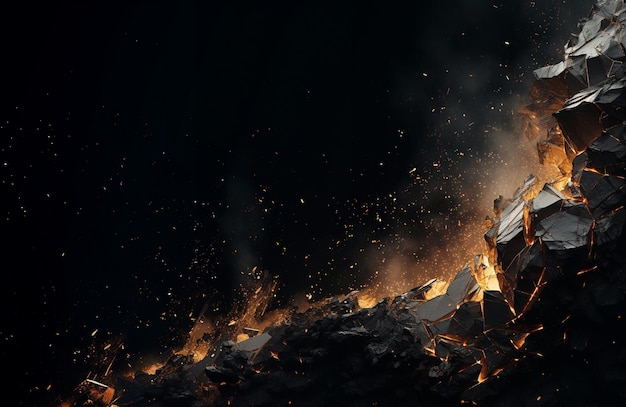 a silver and black object is in front of a bonfire with flames and a black background.