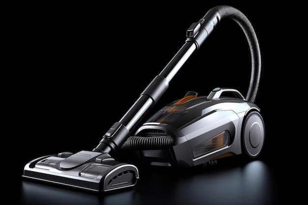 A silver and black vacuum cleaner placed on a sleek black surface Ideal for cleaning and household chores