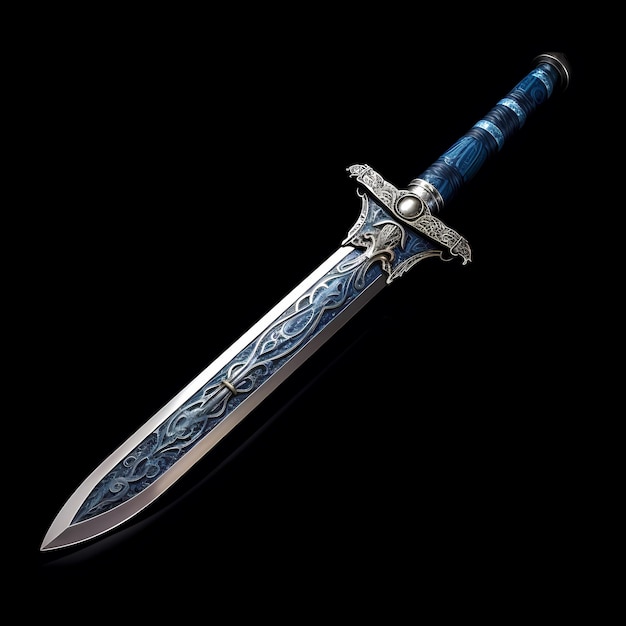 A silver and blue sword with a decorative design on it.